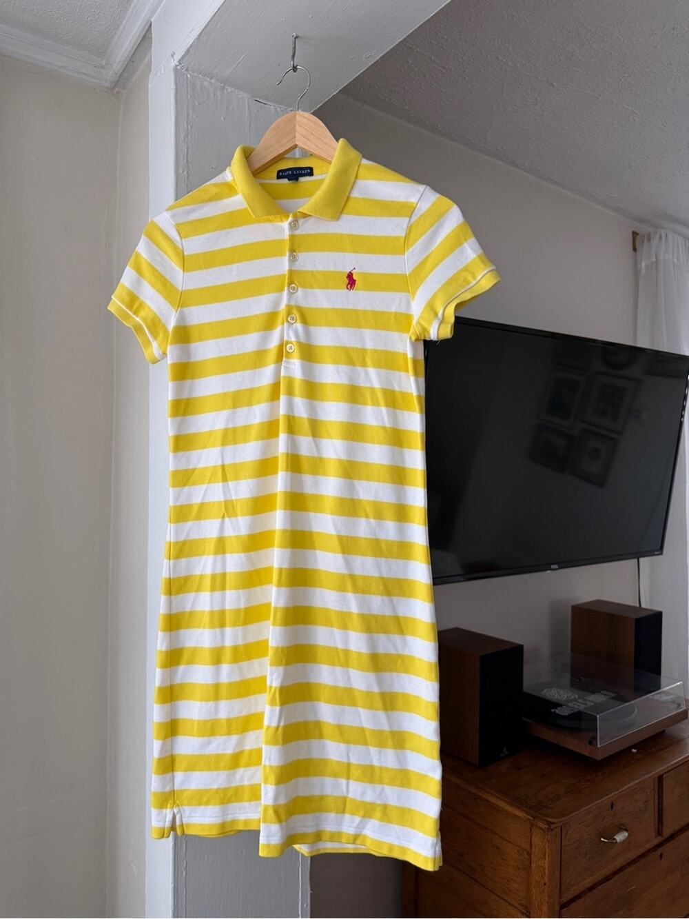 Vintage Ralph Lauren Yellow White Striped Polo Dress Pink Pony Size M